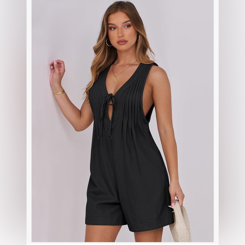 NEW Sleeveless Shorts Denim Romper Tie Front Jean Short Overall Pockets XS